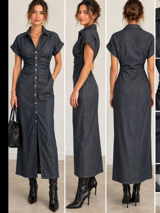 Zara Dresses & Skirts - Zara Denim Maxi Dress Ruched Cinched Waist Snap Front Dolman Sleeve
